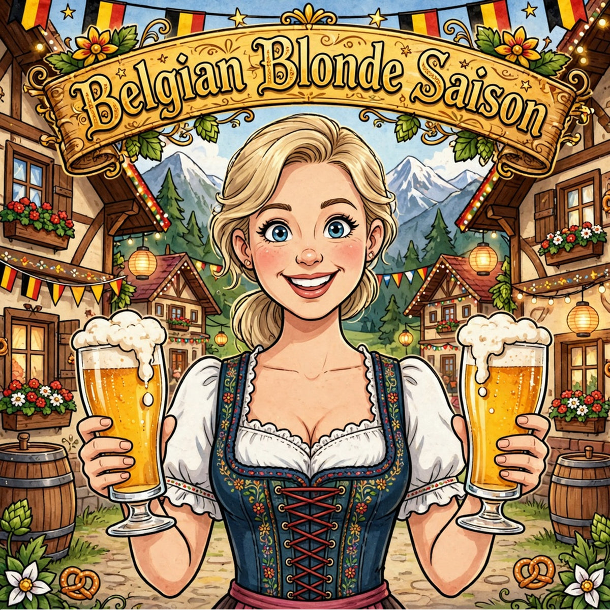 Woman in traditional Belgian attire holding two glasses of beer with 'Belgian Blonde Saison' text.