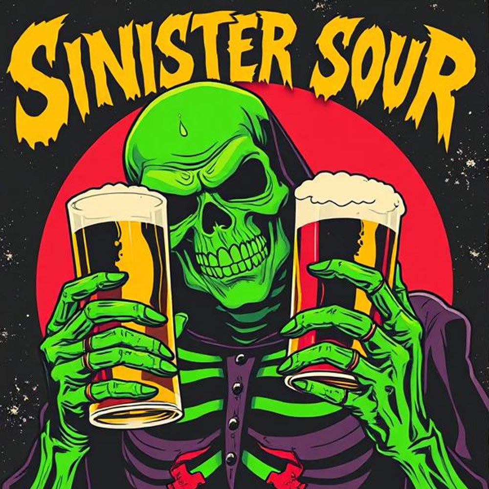 Evil Green Skeletor holding two beers with the words. Sinister Sour written in scratchy yellow font at the top.