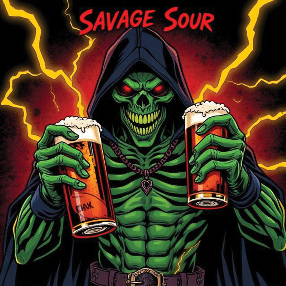 Skeletal figure in a hood holding two beers with 'Savage Sour' text above.
