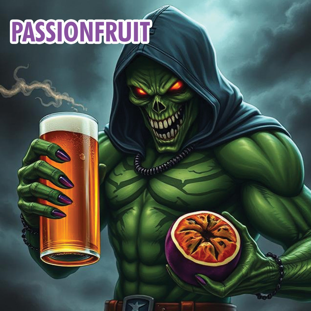 Green superhero holding a glass of beer and a passionfruit against a dark background