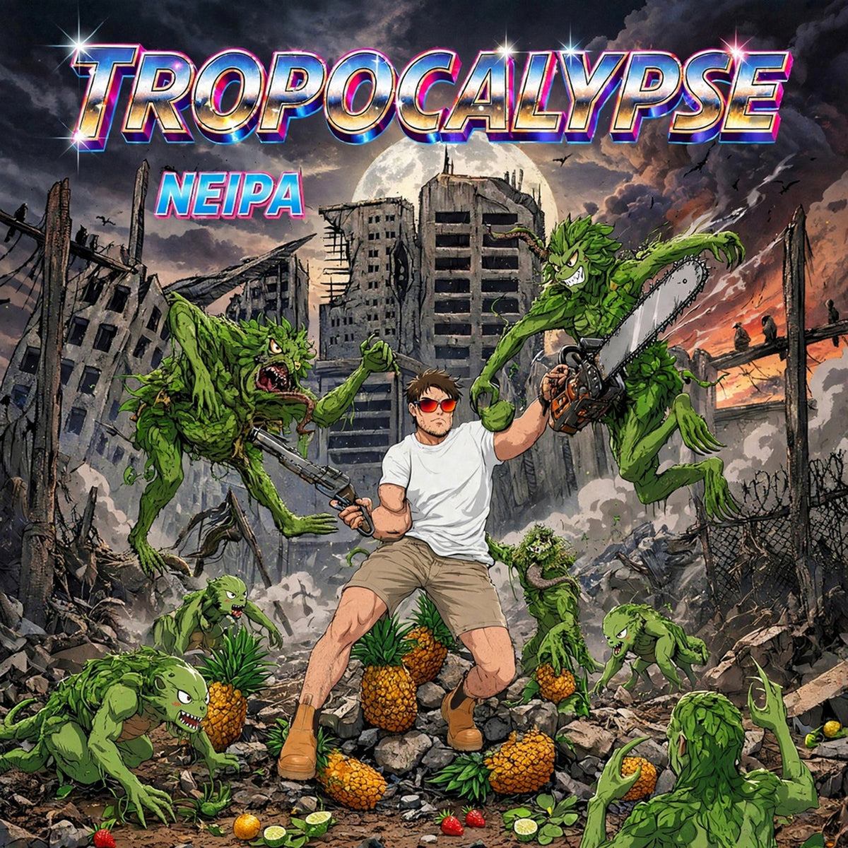 A colorful illustration of a man with a chainsaw sitting on a pile of debris, with a backdrop of a cityscape and a red sky. The text 'TROPOLCALYPSE NEIPA' is prominently displayed at the top.