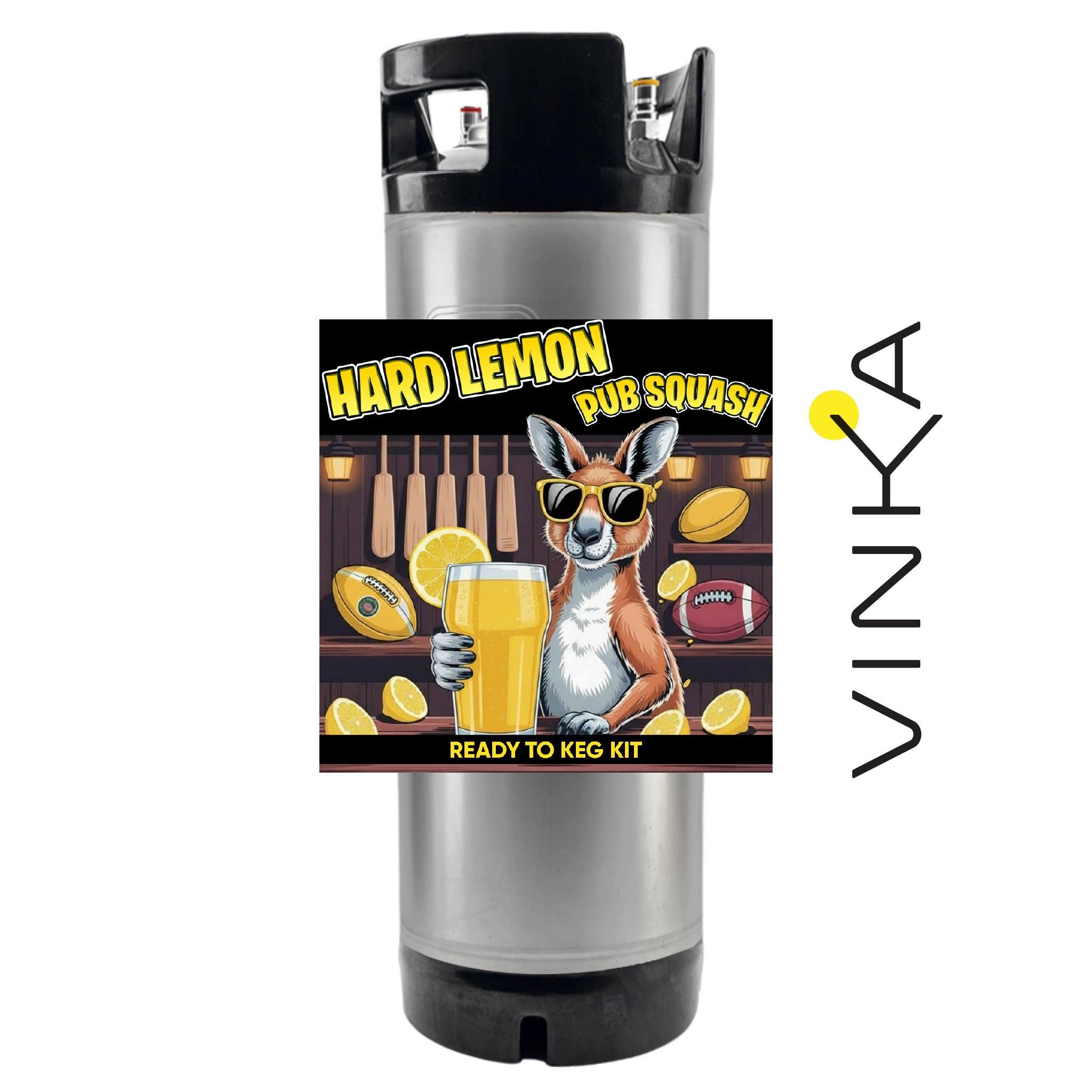 A stainless steel kegerator with a custom printed graphic label featuring a kangaroo holding a beer and the text 'HARD LEMON PUB SQUASH' and 'READY TO KEG KIT'. A vertical 'VINKA' logo is displayed on the right side of the image against a plain white background.