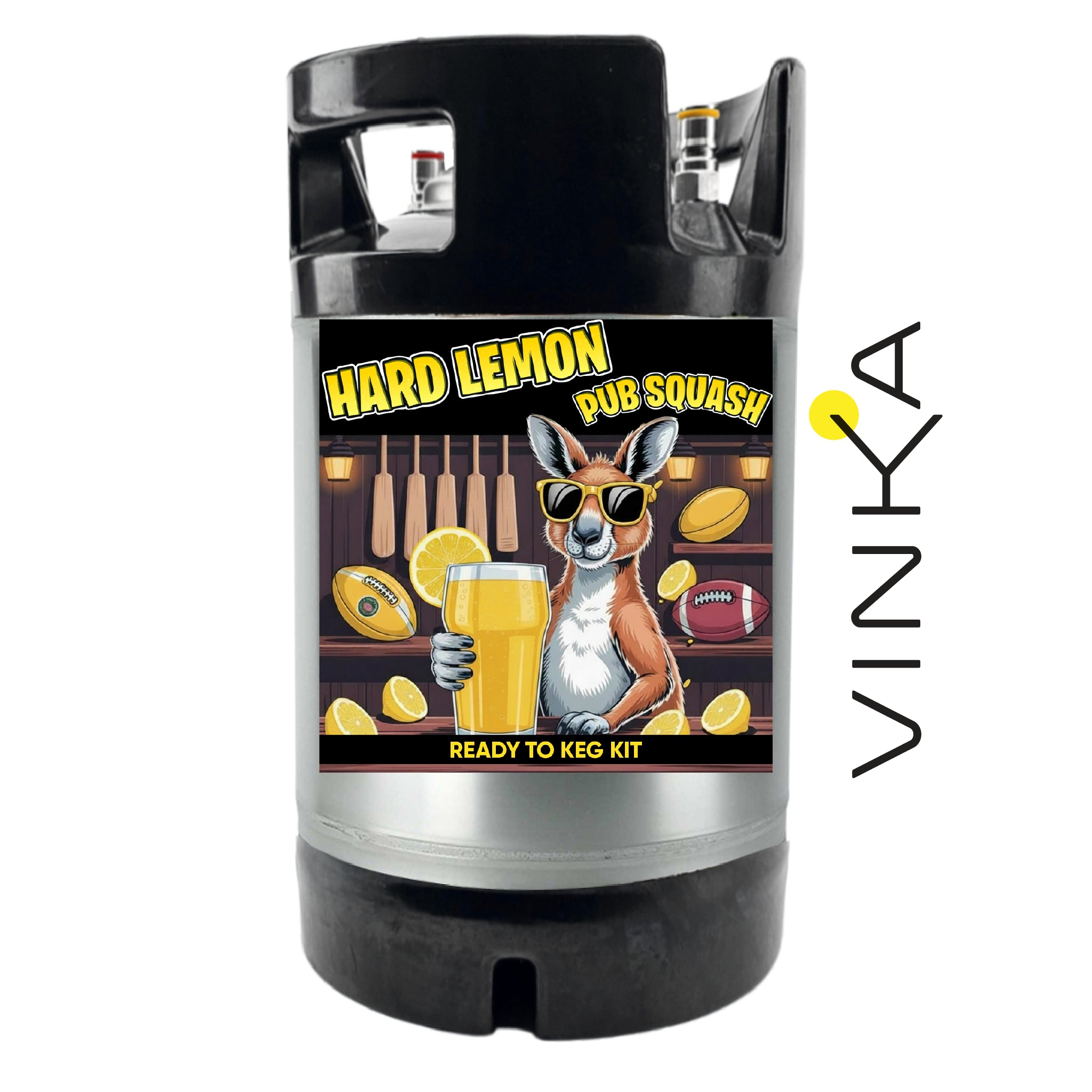 A black and silver keg with a custom printed graphic label featuring a kangaroo holding a pint of beer and the text 'HARD LEMON PUB SQUASH' and 'READY TO KEG KIT'. A vertical 'VINKA' logo appears on the right side of the image.
