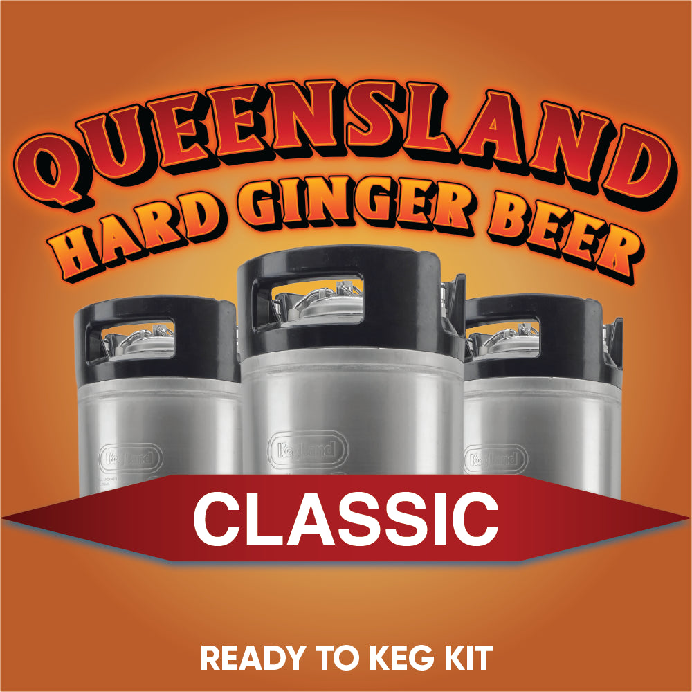 Queensland Hard Ginger Beer kegs on an orange background with 'Classic' text.
