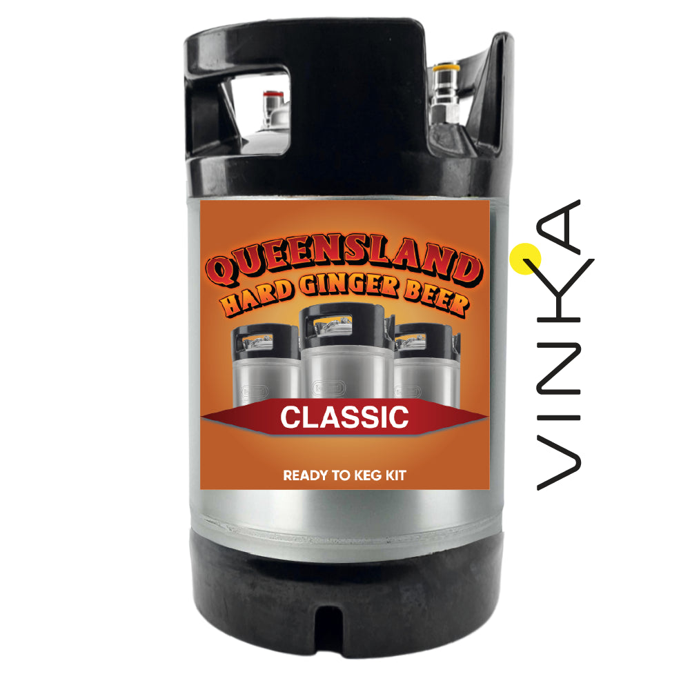 Queensland Hard Ginger Beer keg kit with Vinka branding on a white background