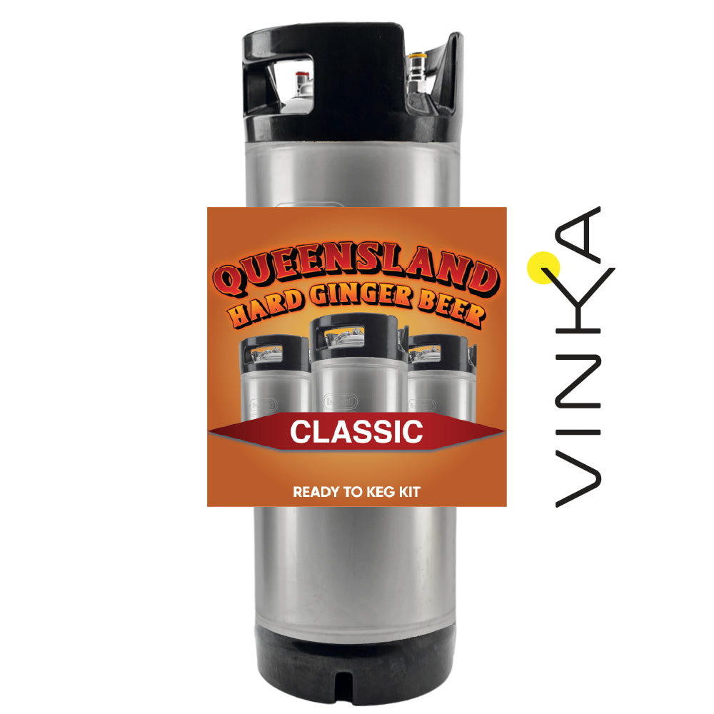 Queensland Hard Ginger Beer keg kit with Vinka branding on a white background