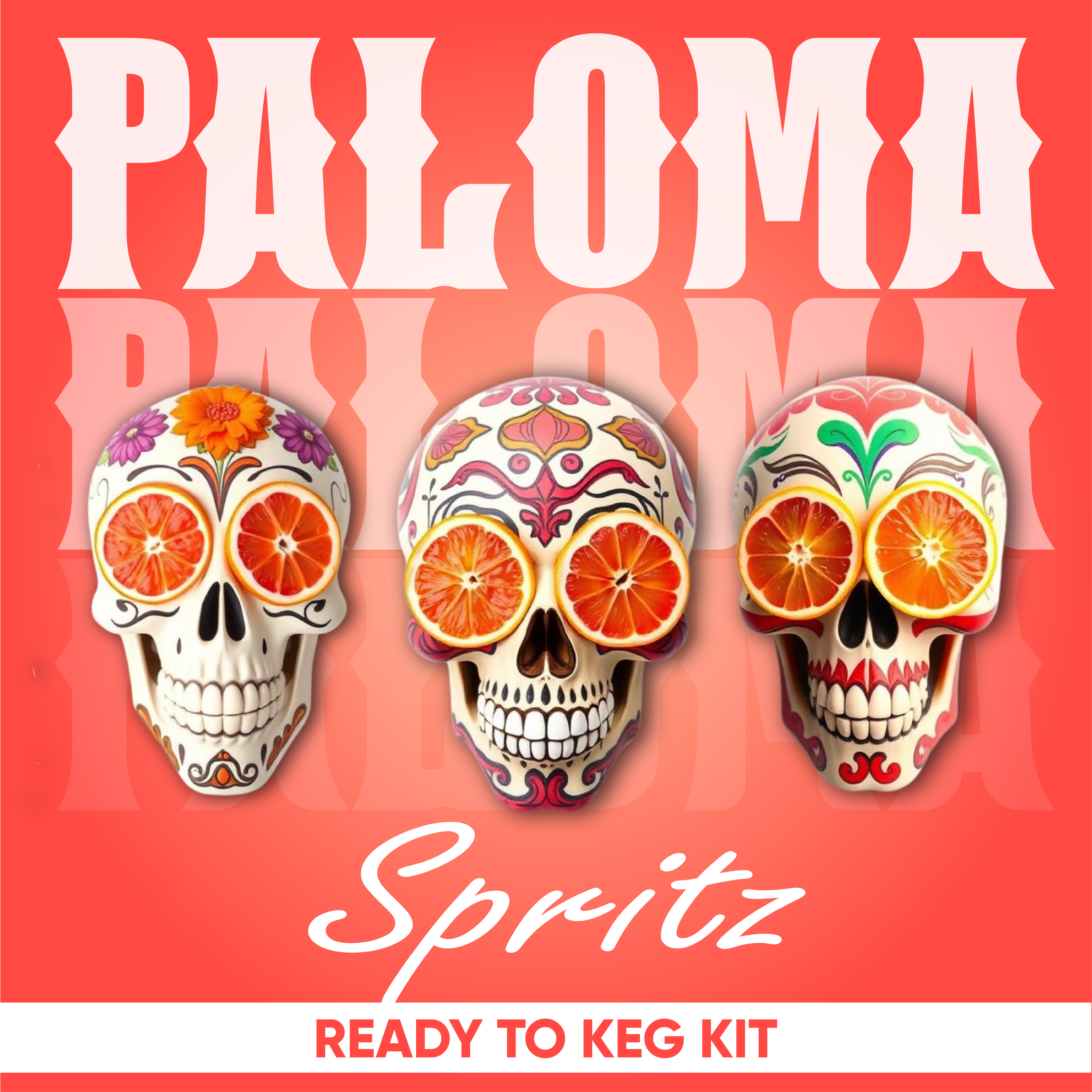 Three colorful skull designs with oranges on a red background, featuring the brand 'Paloma'.