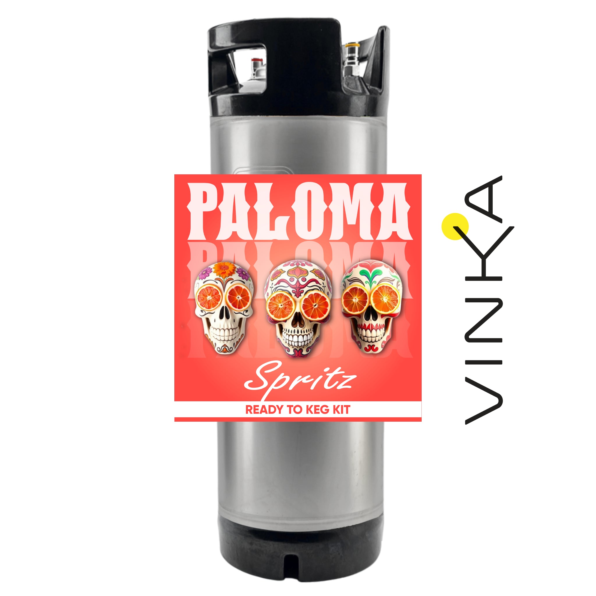 Silver keg with a colorful label featuring skulls and the brand 'Vinka' on a white background.