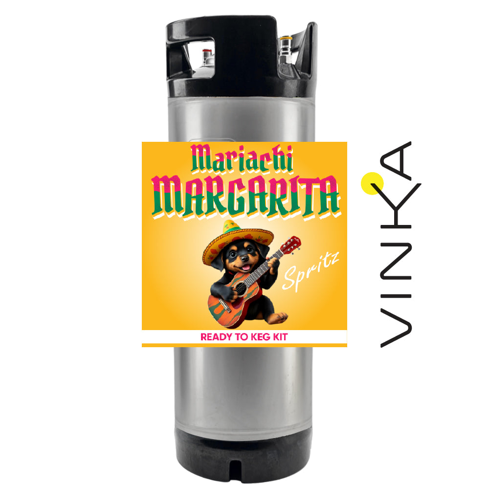 Mariachi Margarita ready-to-keg kit with a dog playing guitar on a yellow label, Vinka brand visible.