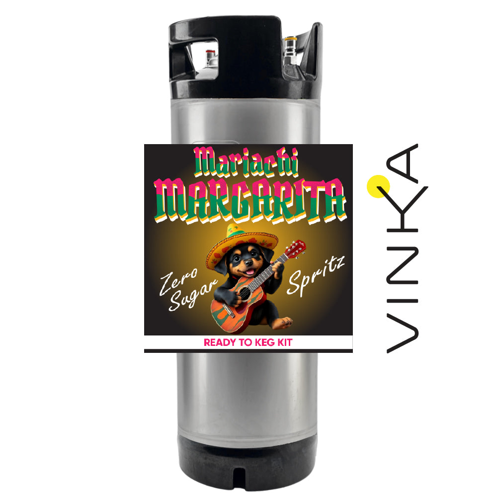 Mariachi Margarita Zero Sugar Spritz ready-to-keg kit with a dog playing guitar on a label, Vinka brand visible.