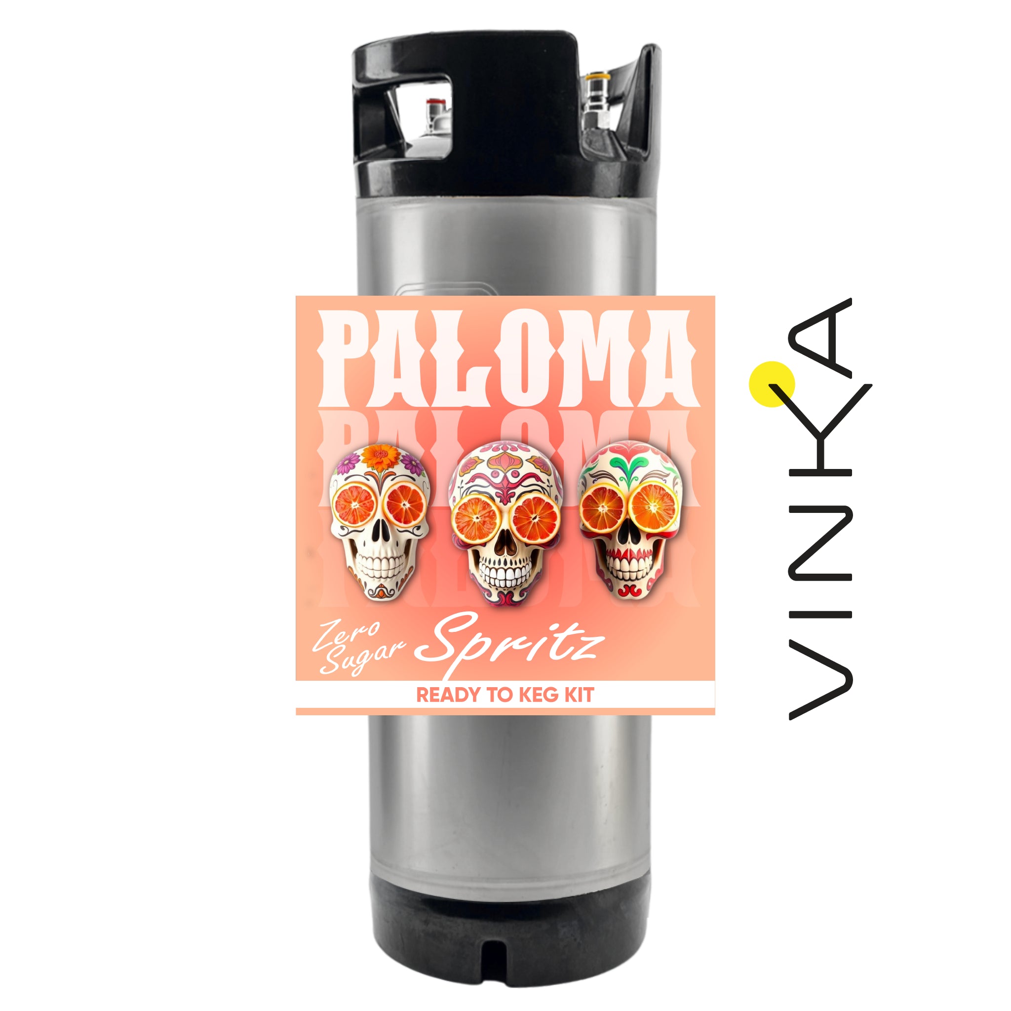 Silver keg with a colorful label featuring skulls and the brand 'Vinka' on a white background.