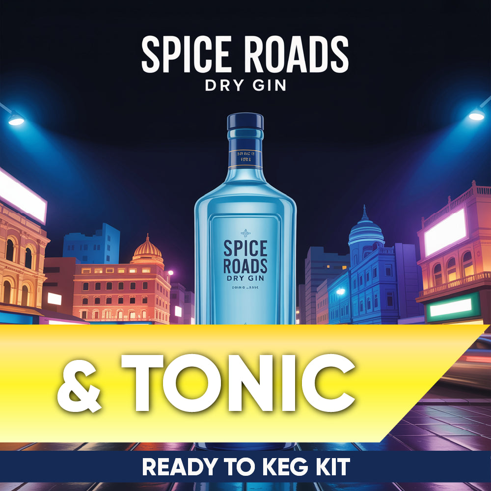 Spice Roads Dry Gin bottle with cityscape background and 'Spice Roads & Tonic' text.