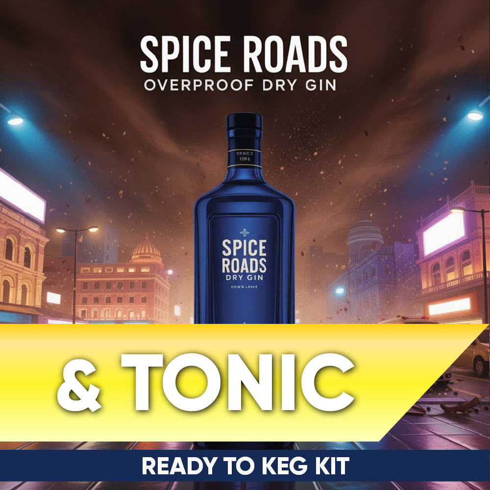 Bottle of Spice Roads Dry Gin with tonic text against a city street background