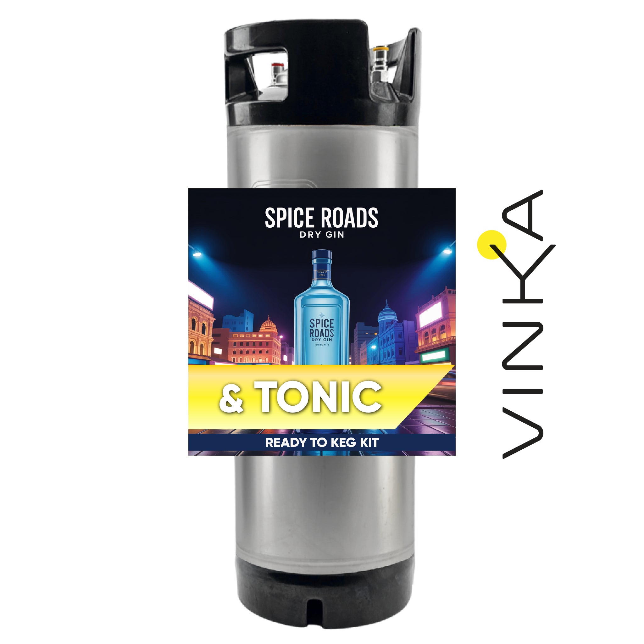 Spice Roads Dry Gin & Tonic ready-to-keg kit with Vinka branding on a white background
