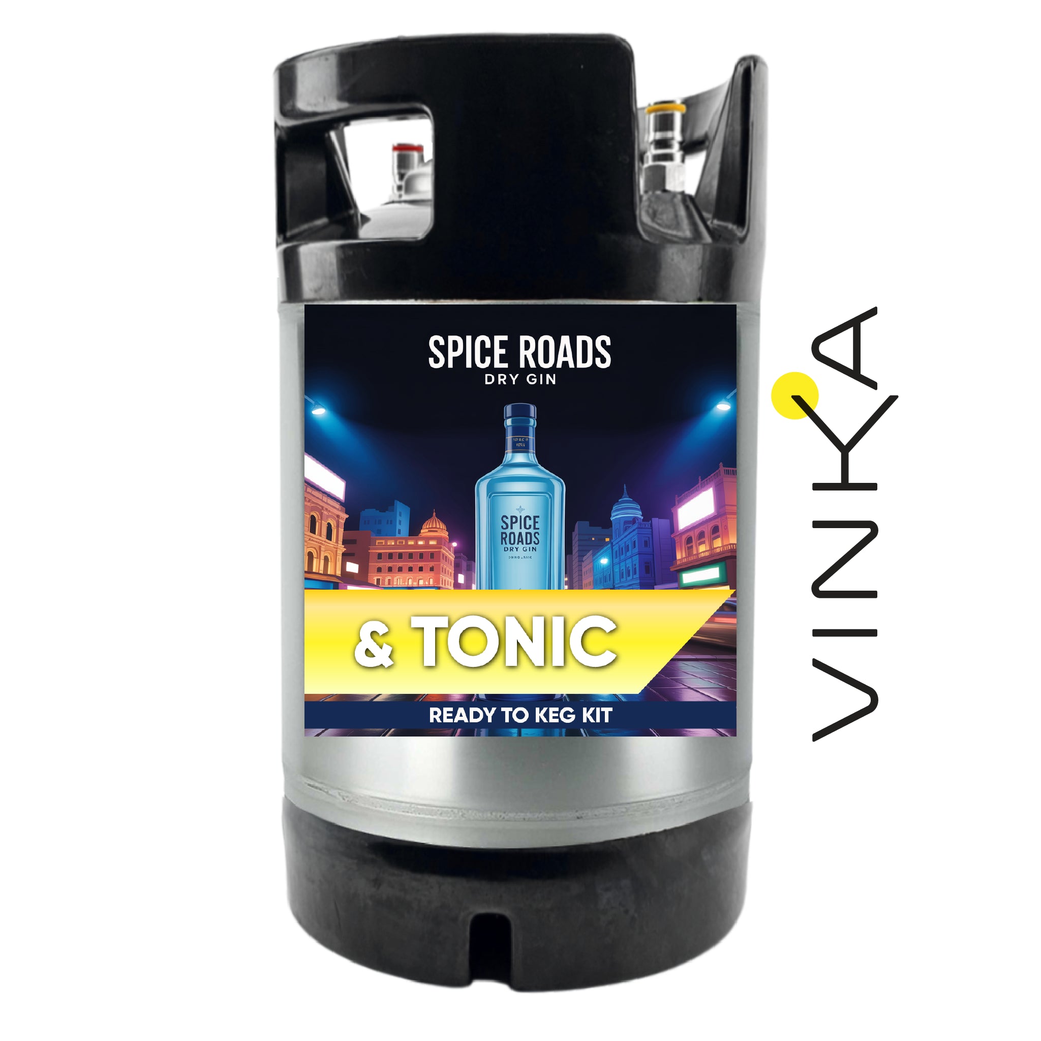Spice Roads Dry Gin & Tonic ready-to-keg kit with Vinka branding on a white background
