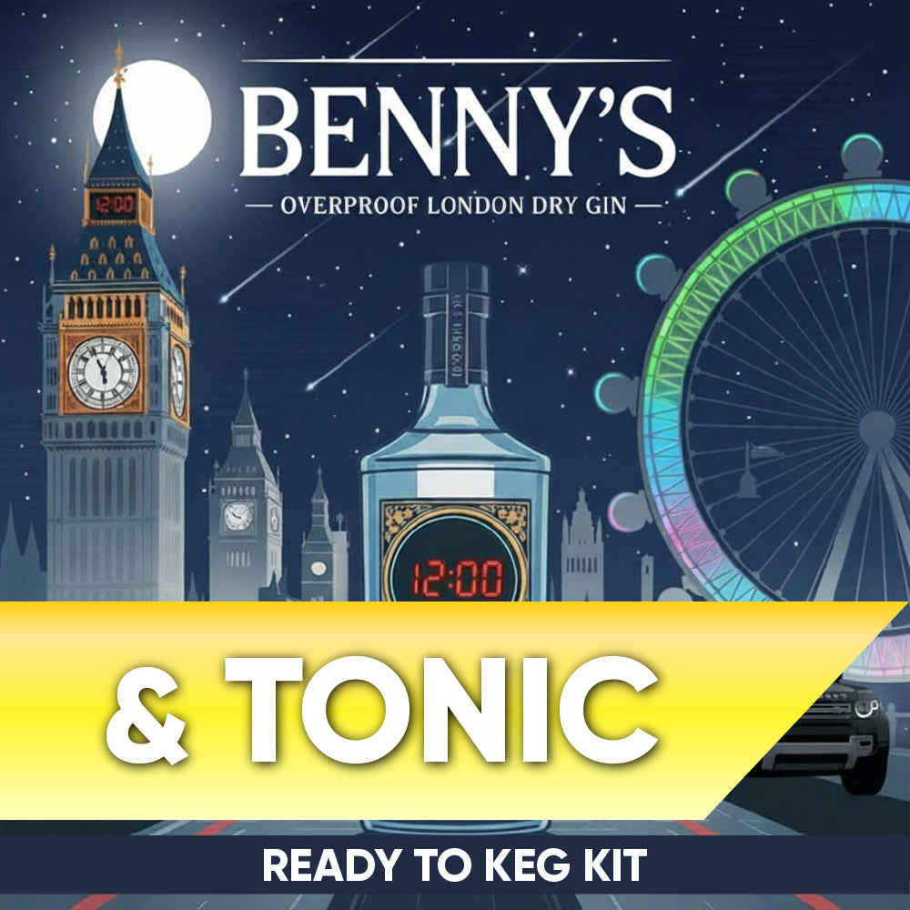 Advertisement for Benny's Overproof London Dry Gin & Tonic with Big Ben and London Eye in the background.