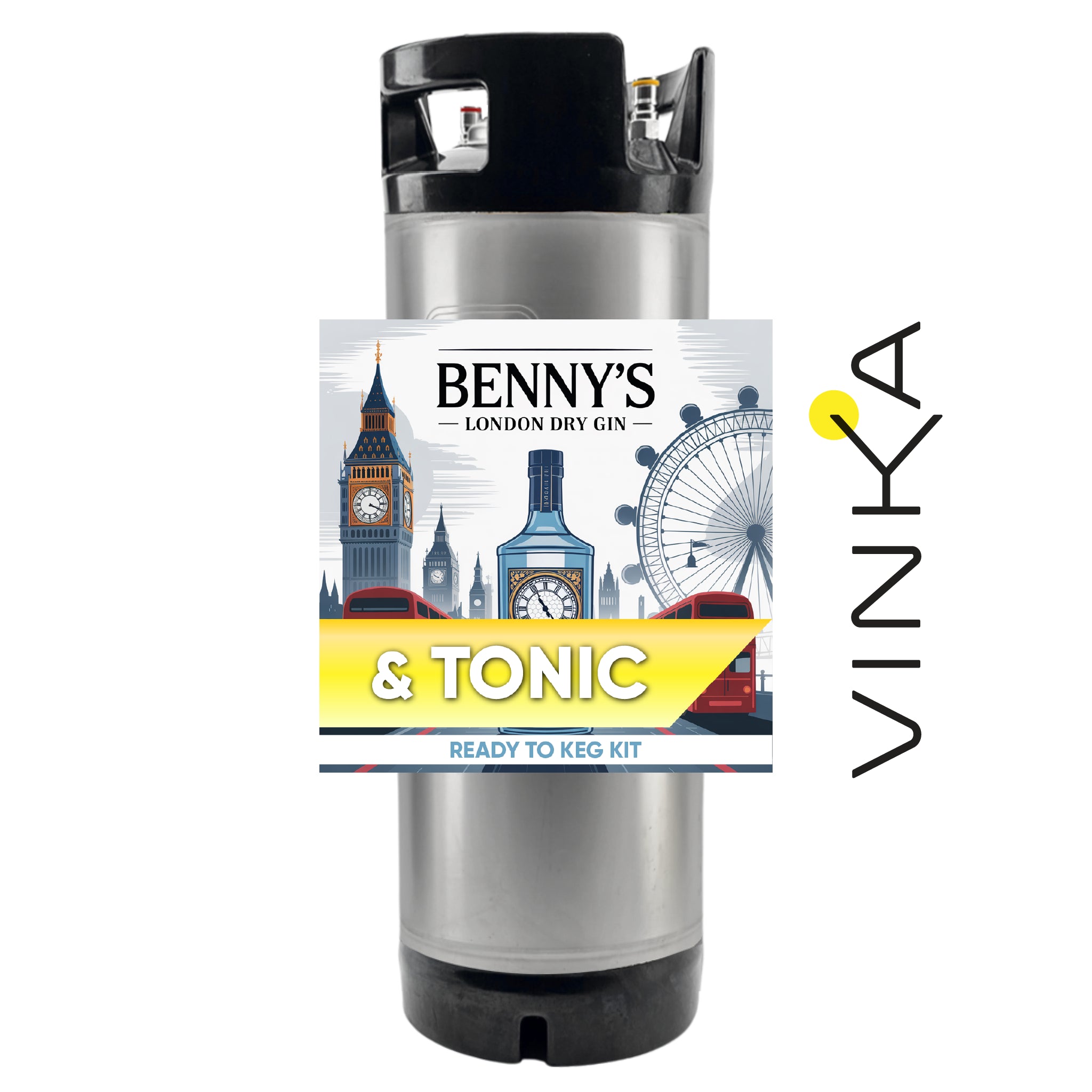 Benny's London Dry Gin & Tonic ready-to-keg kit with Vinka branding on a white background