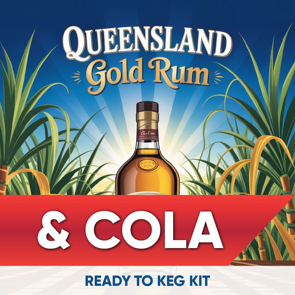 Queensland Gold Rum & Cola ready to keg kit with rum bottle and sugarcane in the background
