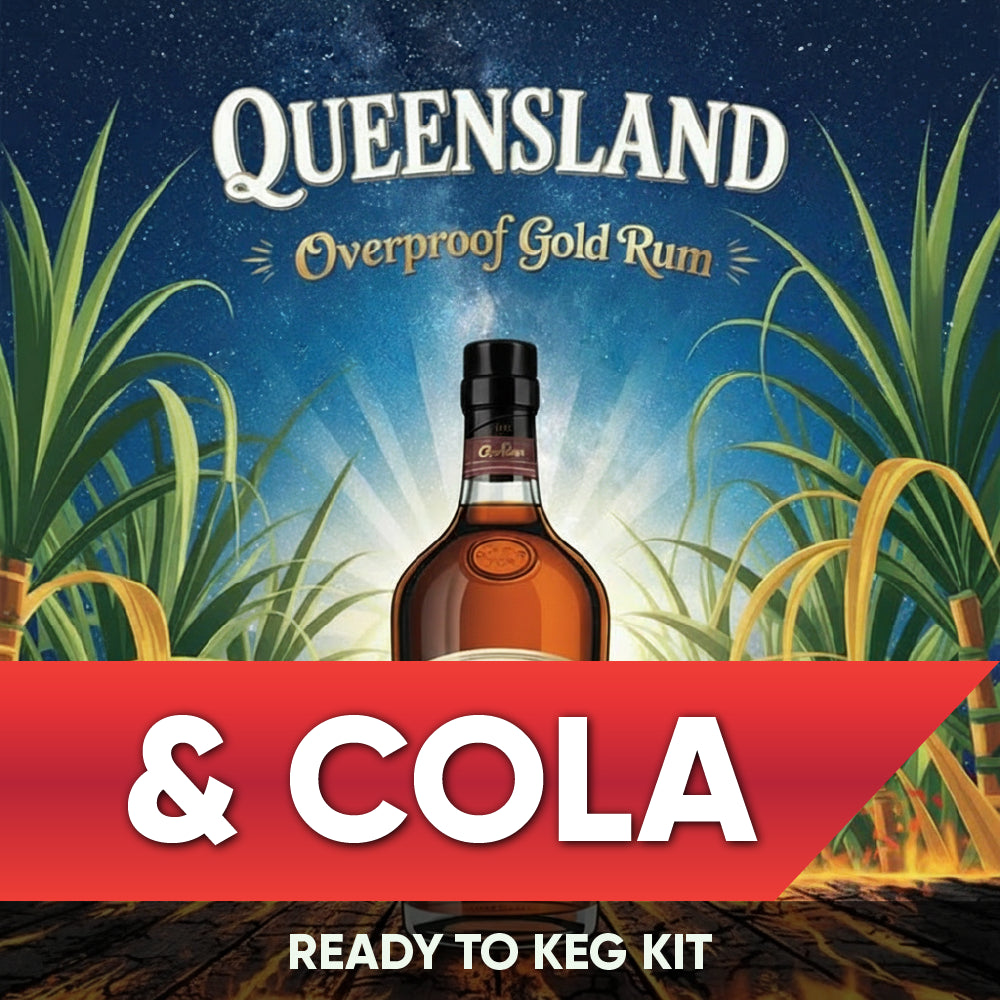 Queensland Overproof Gold Rum & Cola ready to keg kit with rum bottle and sugarcane in the background