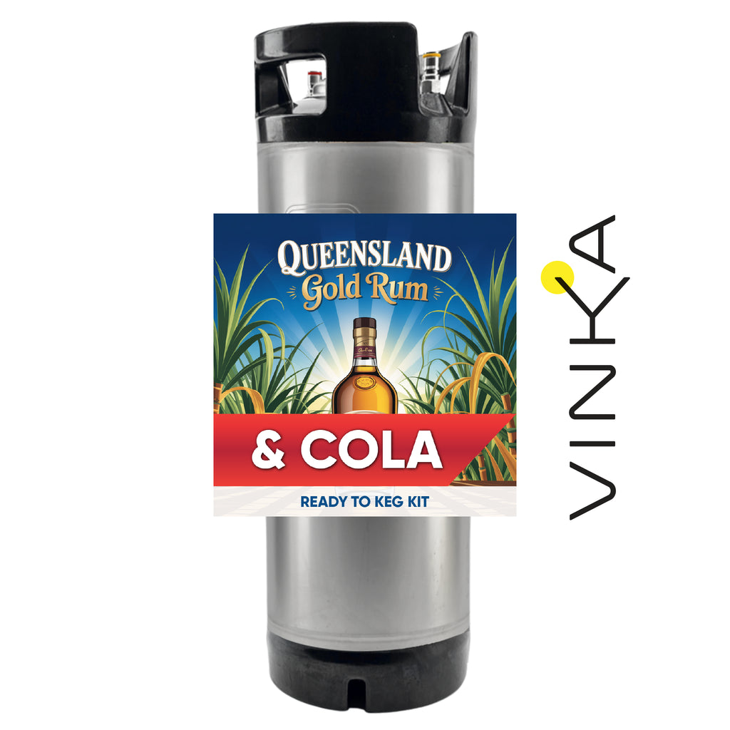 Queensland Gold Rum & Cola ready-to-keg kit with Vinka branding on a white background