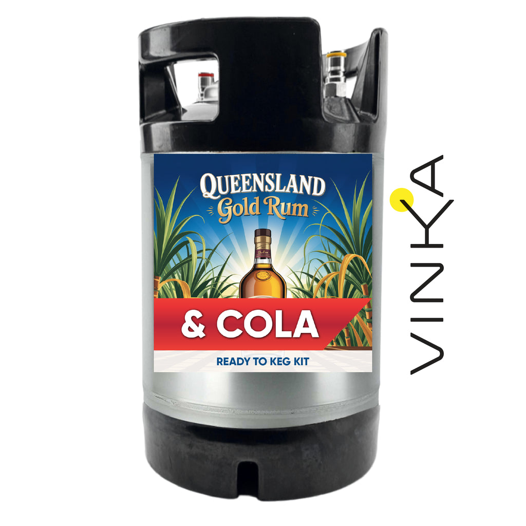 Queensland Gold Rum & Cola keg kit with Vinka branding on a white background