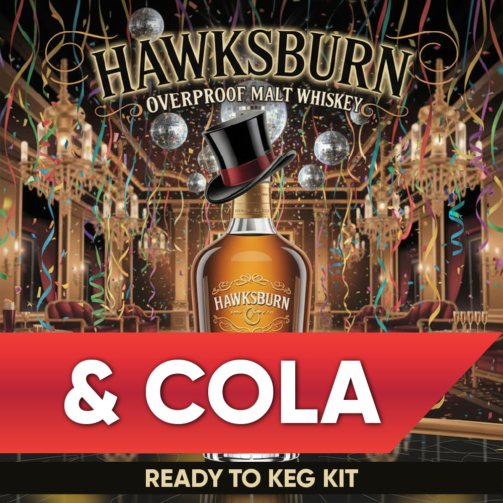 Hawksburn Overproof Malt Whiskey bottle with a top hat on a festive background, featuring the text 'Hawksburn & Cola Ready to Keg Kit'.