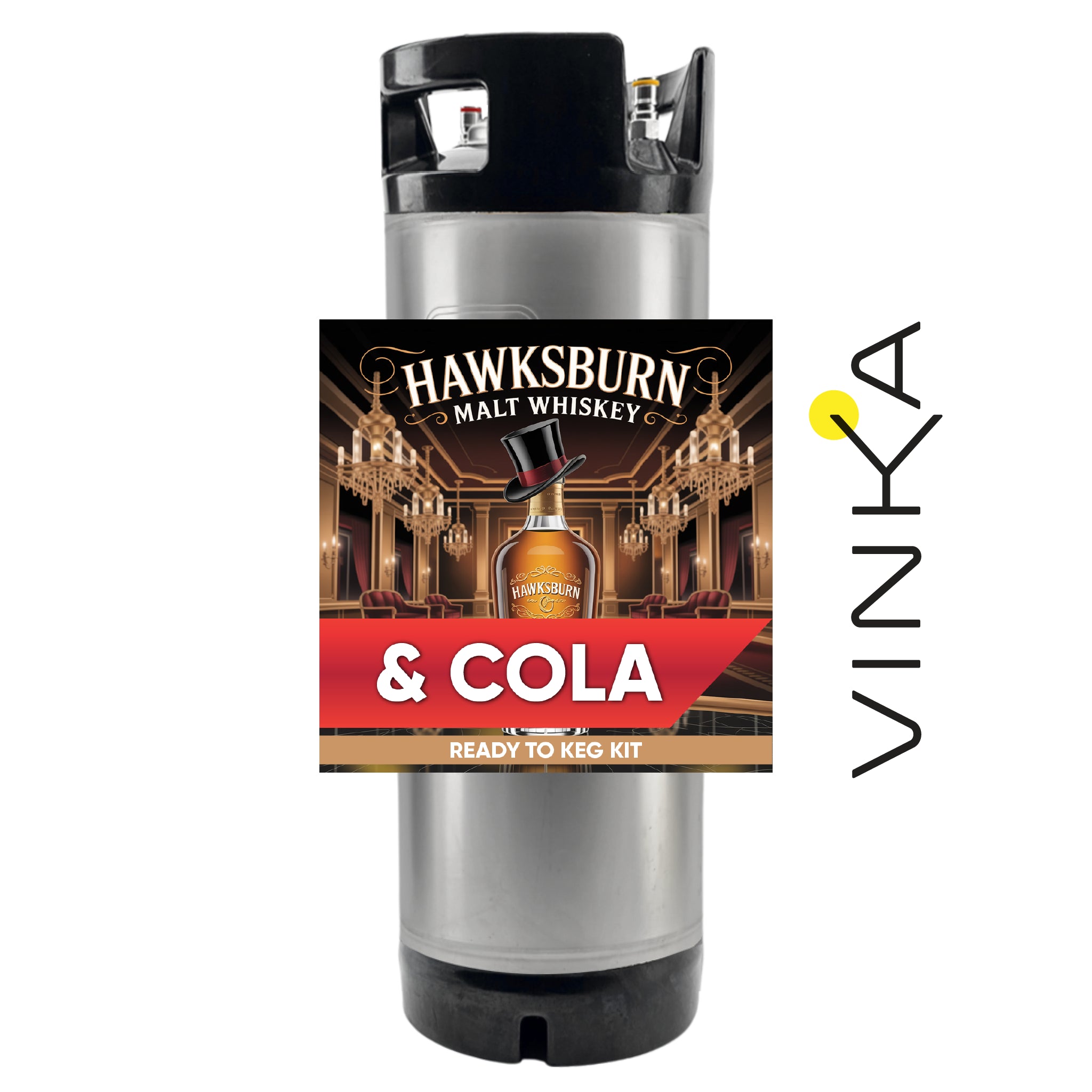 Hawksburn Malt Whiskey & Cola ready-to-keg kit with Vinka branding on a white background