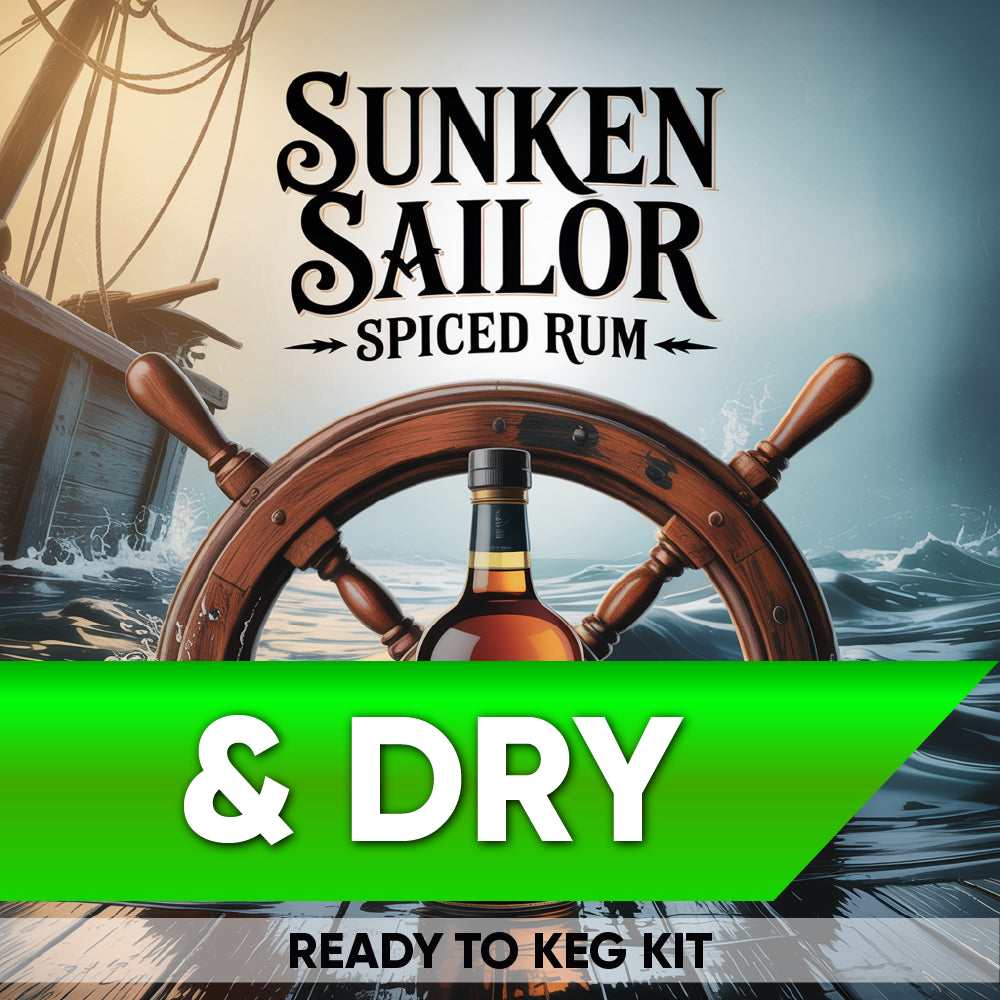 Sunken Sailor Spiced Rum bottle with ship wheel and text 'Ready to Keg Kit' on a dynamic background.