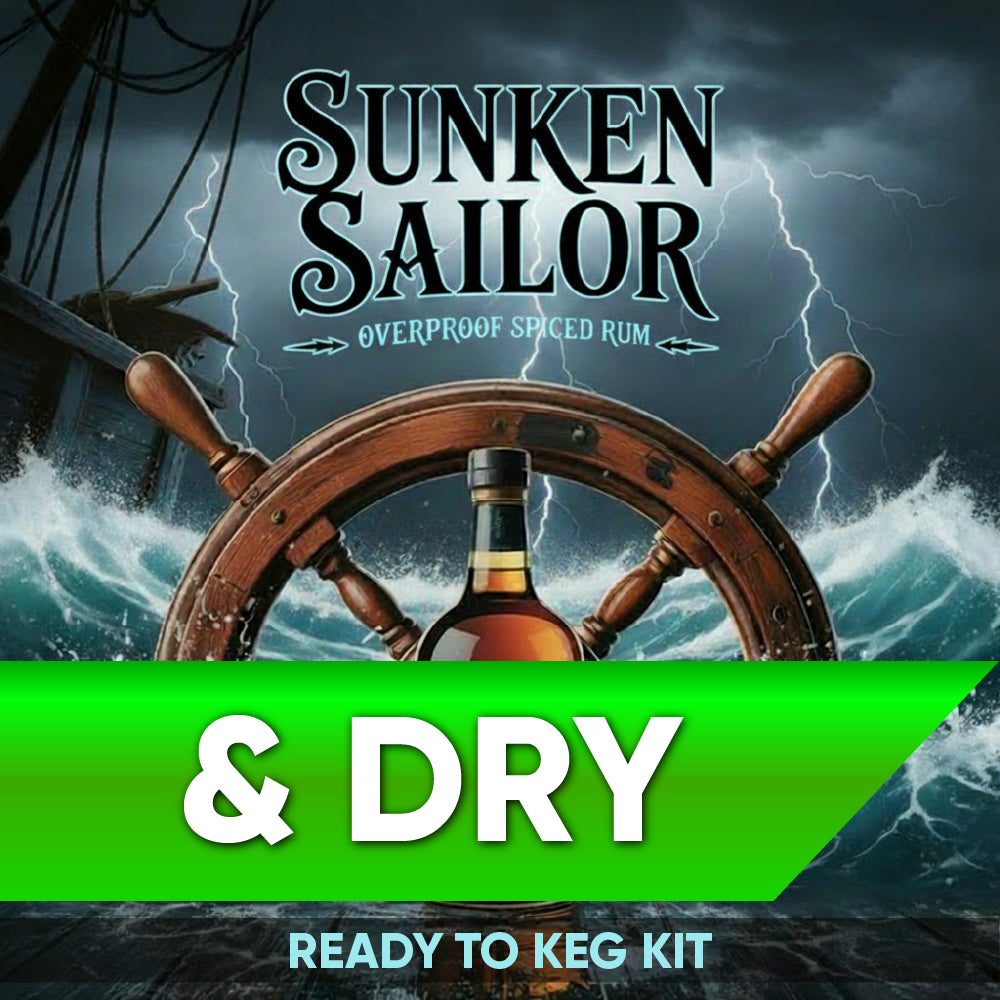 Sunken Sailor overproof spiced rum advertisement with a bottle and steering wheel against a stormy sea background.