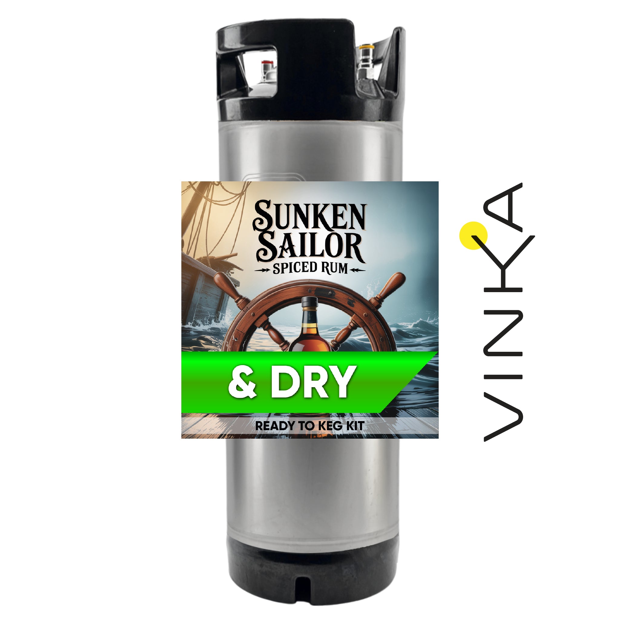 Sunken Sailor Spiced Rum ready-to-keg kit with Vinka branding on a white background