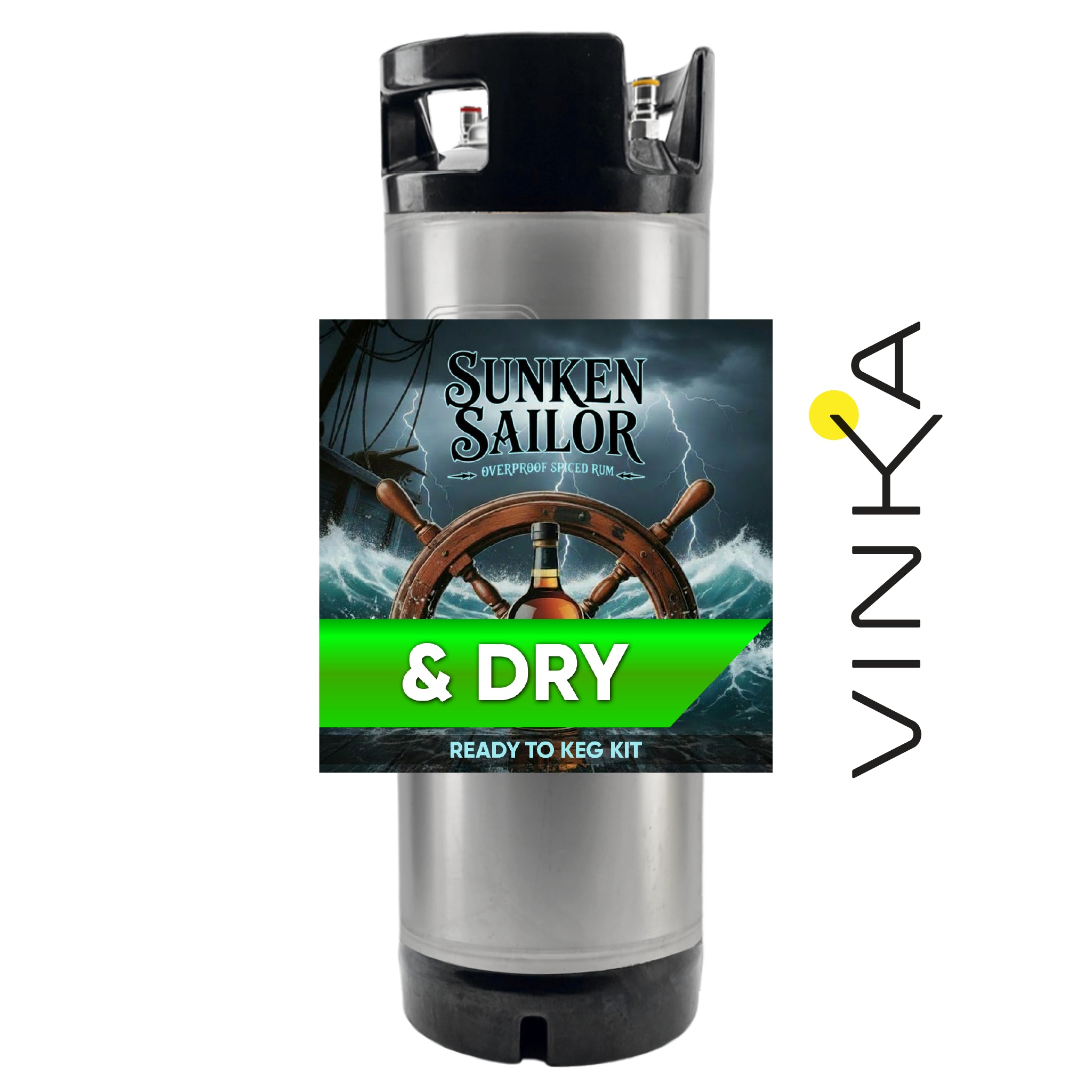 Silver keg with 'Sunken Sailor & Dry' label and Vinka logo on a white background