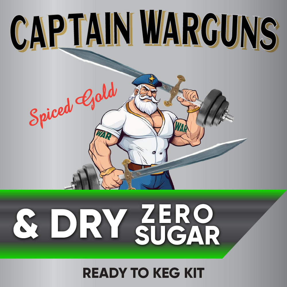 Captain Warguns Spiced Gold & Dry Zero Sugar product packaging with a muscular figure holding a sword and weight.