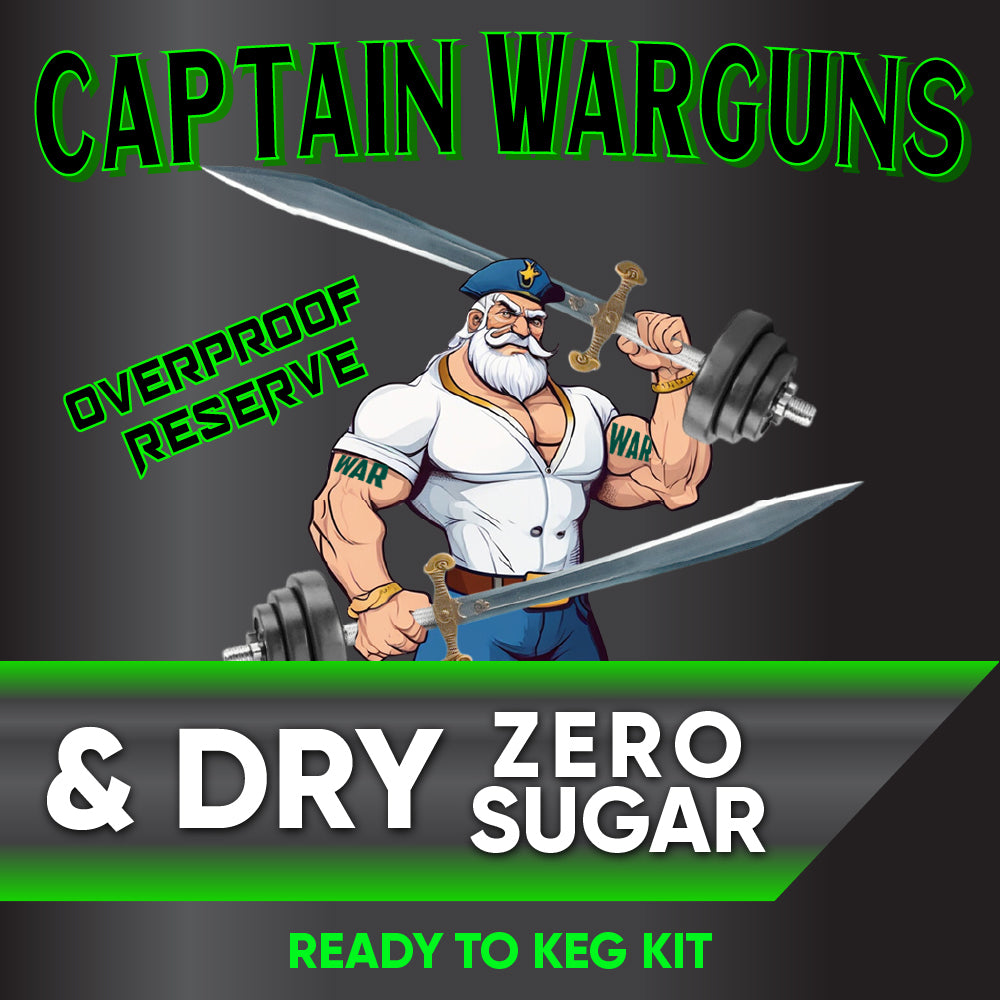 Captain Warguns product packaging with a cartoon character holding a sword and weight, on a dark background.