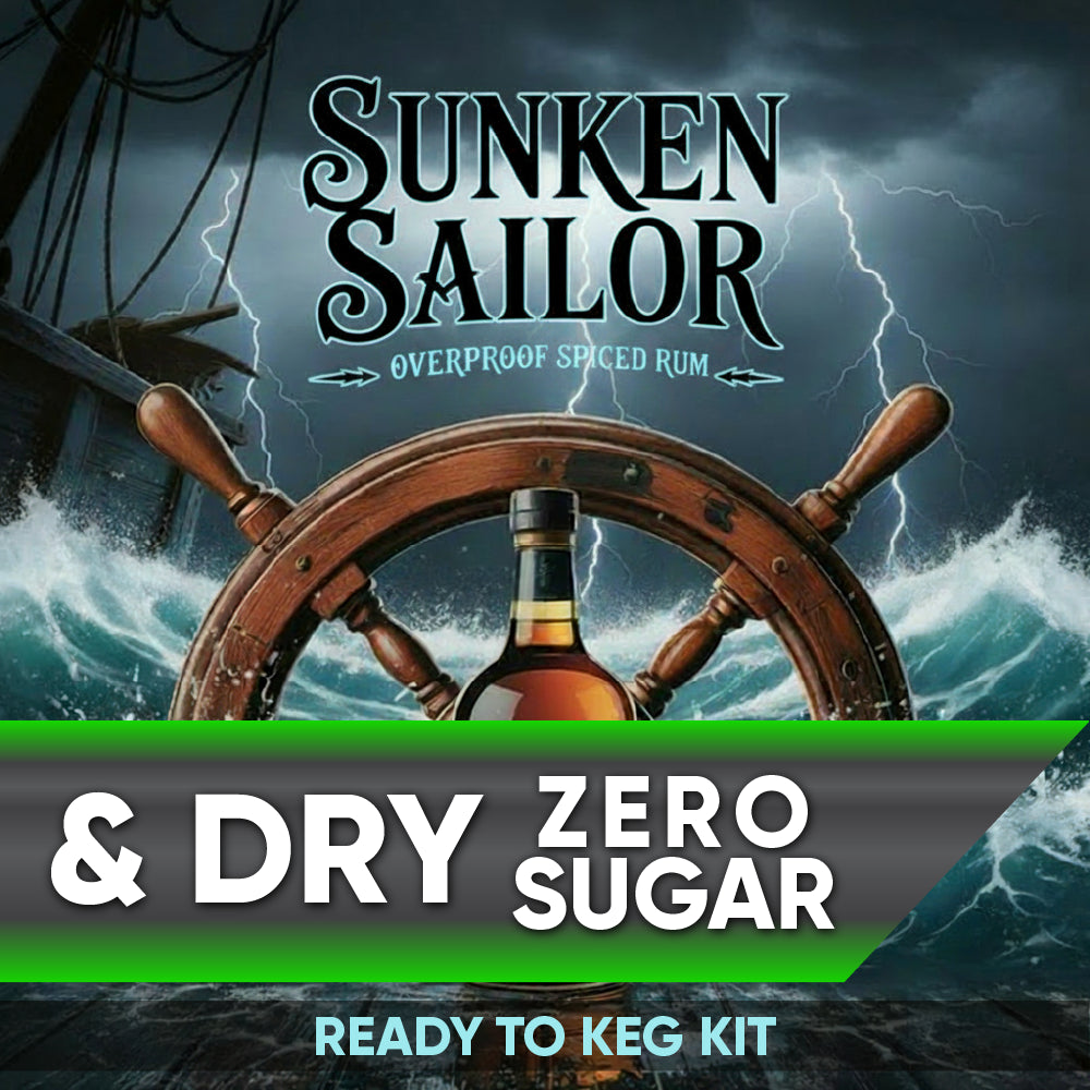 Sunken Sailor overproof spiced rum advertisement with a bottle and steering wheel against a stormy sea background.