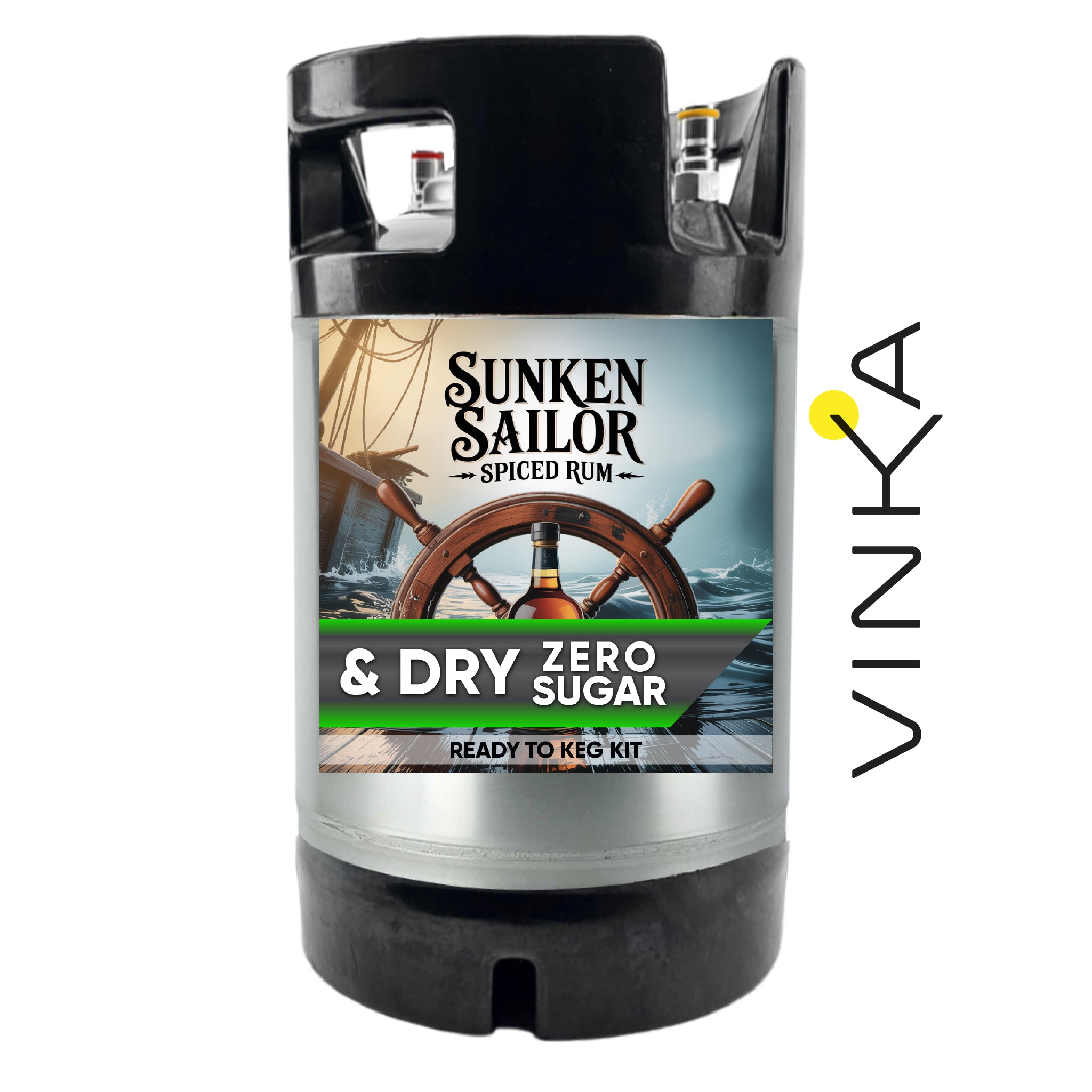 Sunken Sailor Spiced Rum keg kit with Vinka logo on a white background