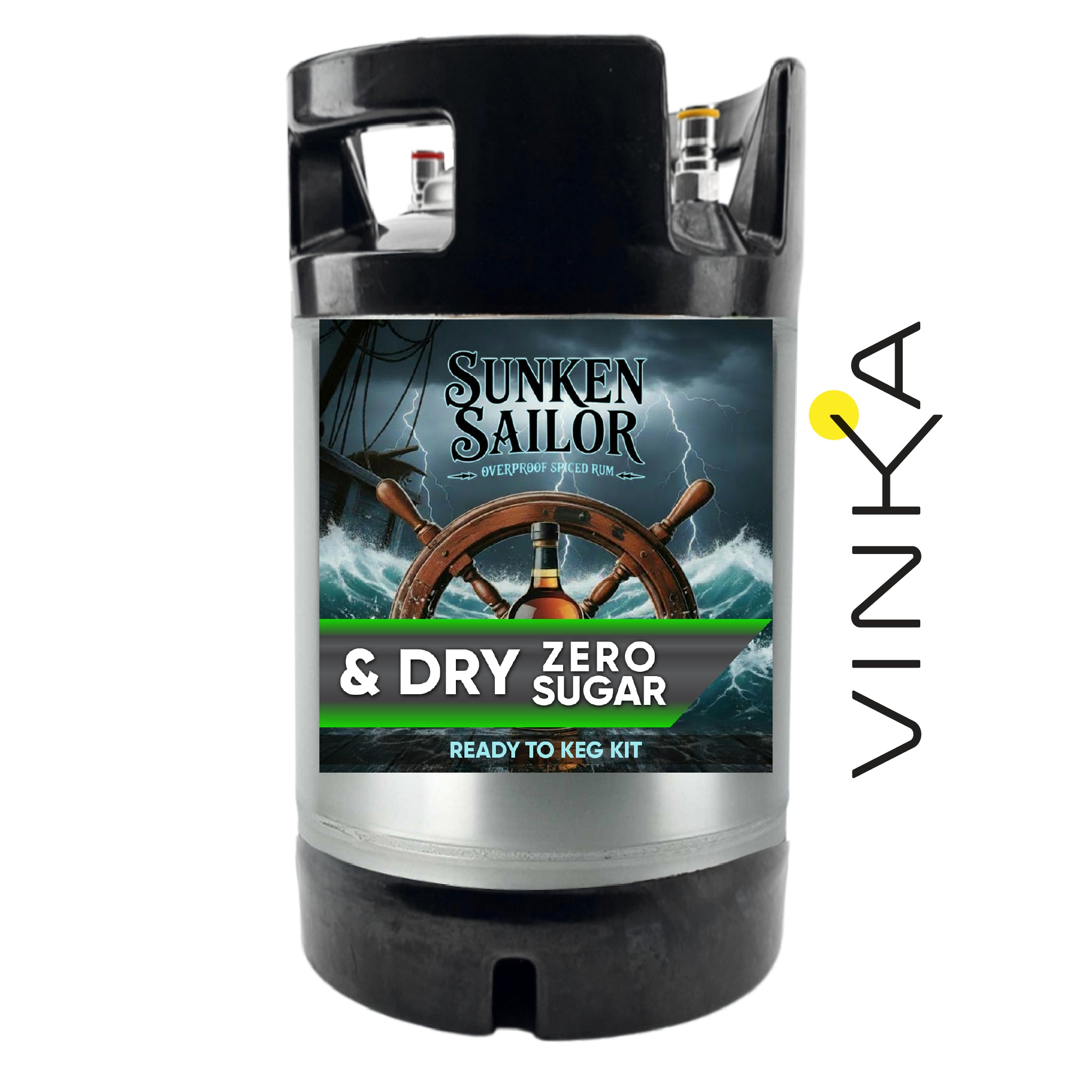 Sunken Sailor & Dry Zero Sugar beer keg kit with Vinka branding on a white background