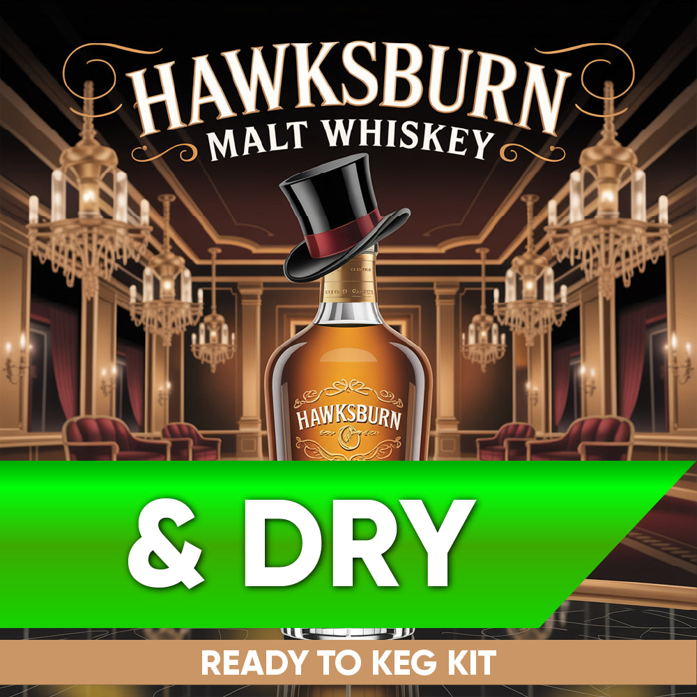 Hawksburn Malt Whiskey bottle with top hat in a luxurious room setting, featuring the text 'Hawksburn Malt Whiskey & Dry Ready to Keg Kit'.
