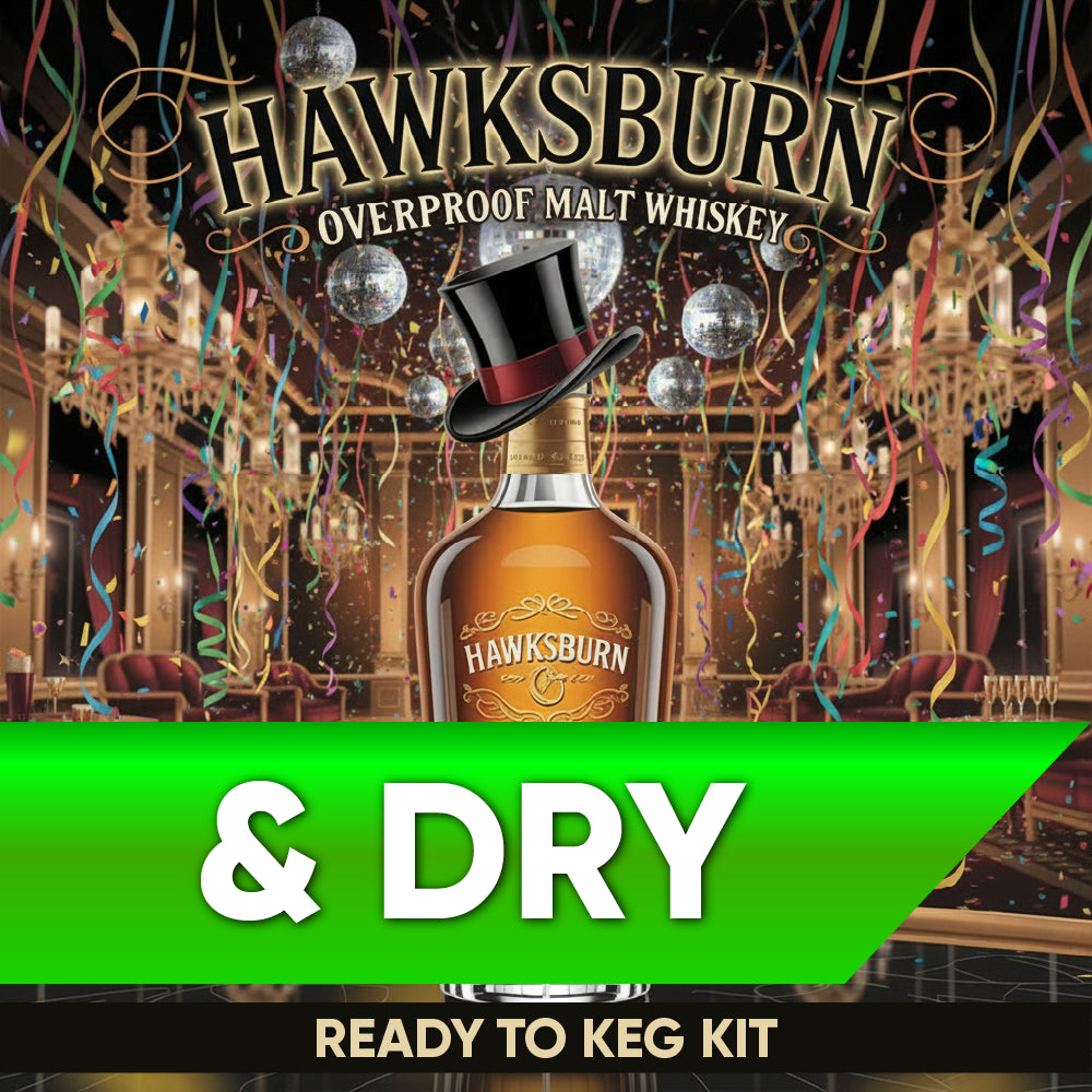 Hawksburn Overproof Malt Whiskey bottle with a top hat in a festive setting, featuring the text 'Hawksburn & Dry Ready to Keg Kit'.