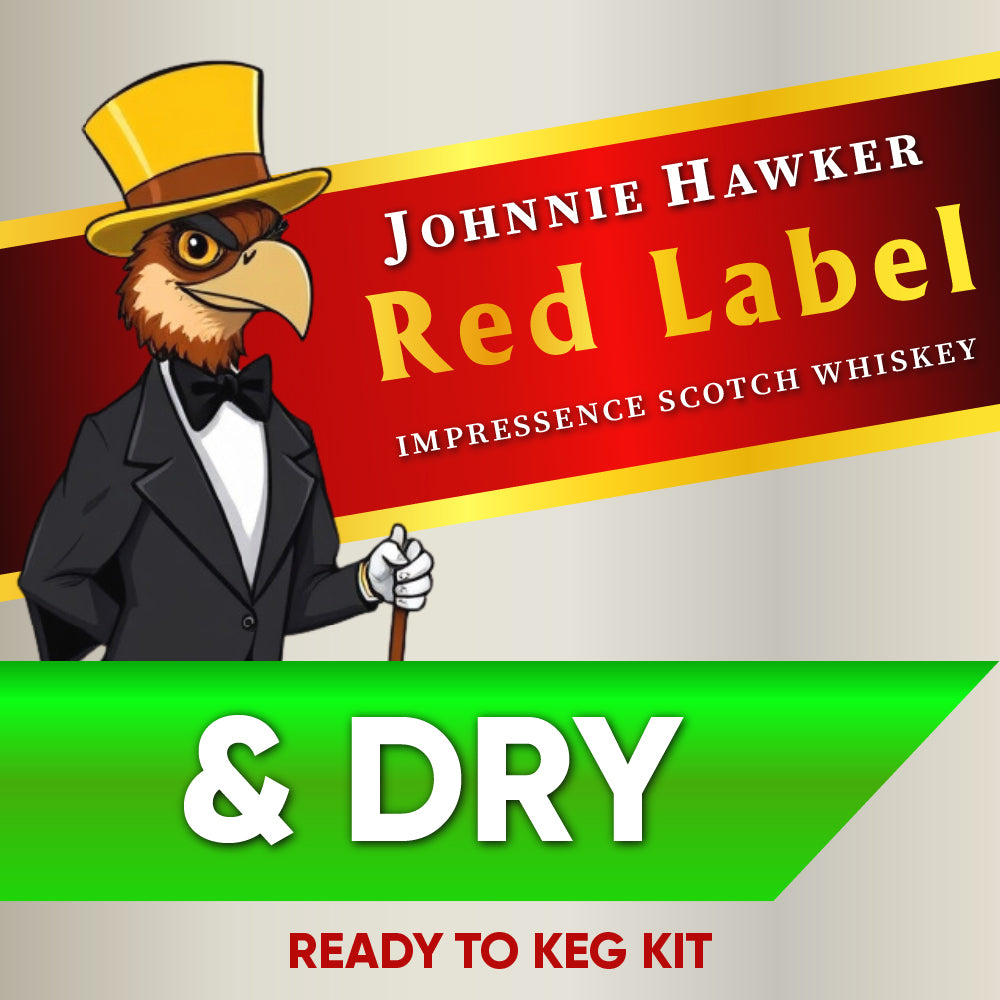 Johnnie Hawker Red Label whiskey label with an eagle mascot and text about a ready-to-keg kit.