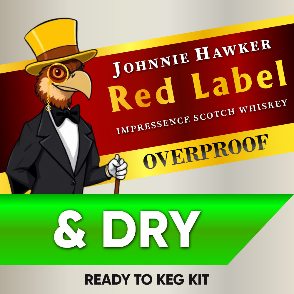 Johnnie Hawker Red Label Impresence Scotch Whiskey advertisement with a cartoon eagle in a suit.