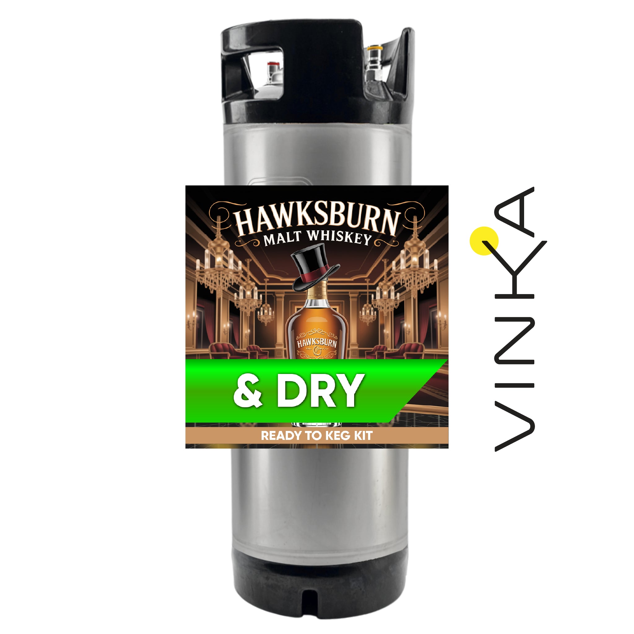 Hawksburn Malt Whiskey & Dry ready-to-keg kit with Vinka branding on a white background