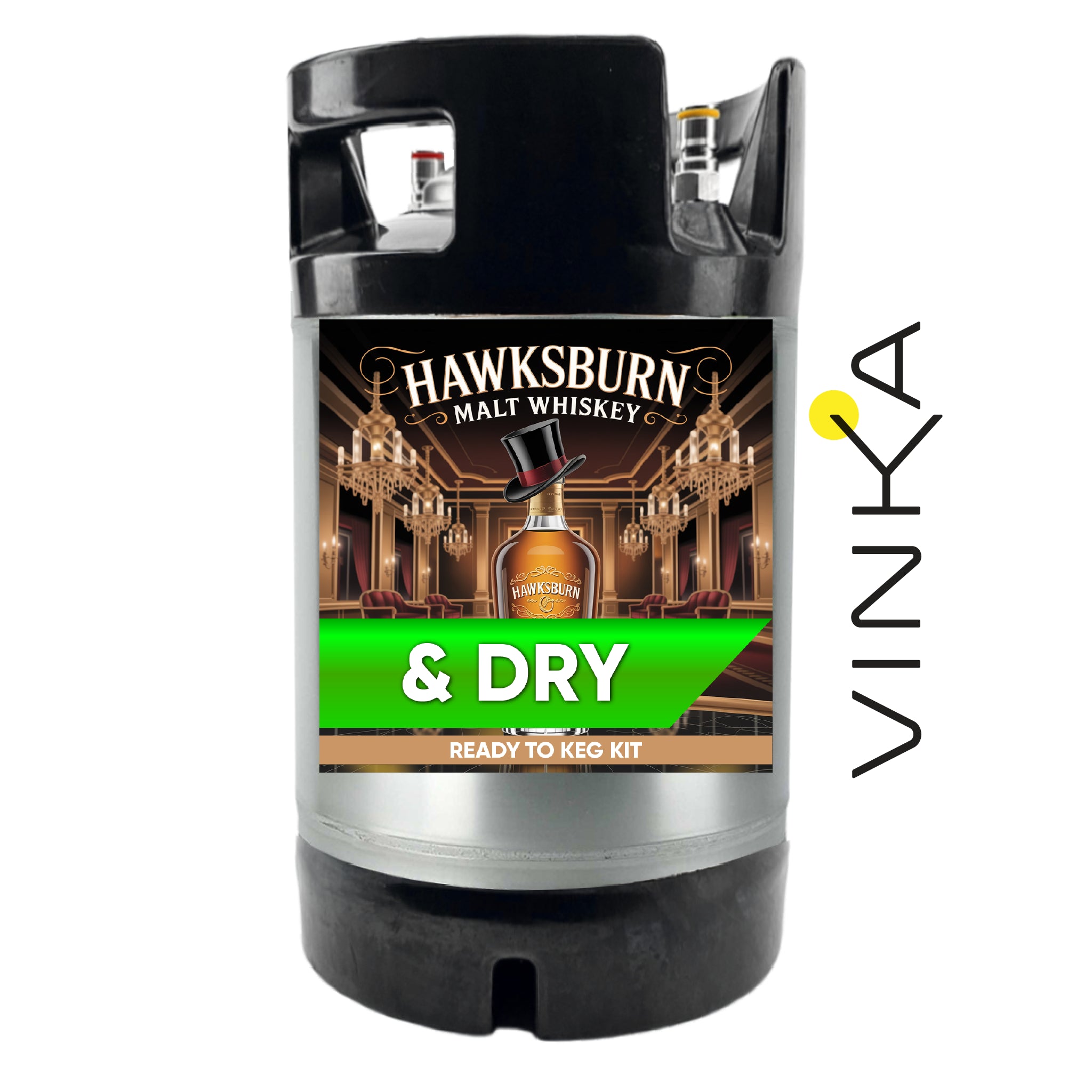 Hawksburn Malt Whiskey keg kit with Vinka branding on a white background