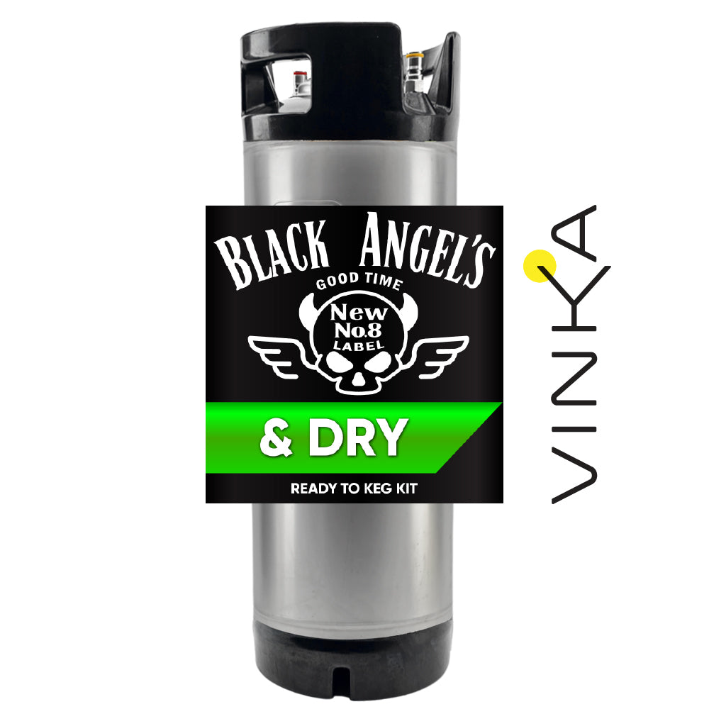 Black Angel's beer keg kit with Vinka branding on a white background
