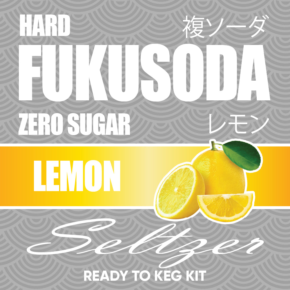 Fukusoda Zero Sugar Lemon Seltzer packaging with lemons on a gray background