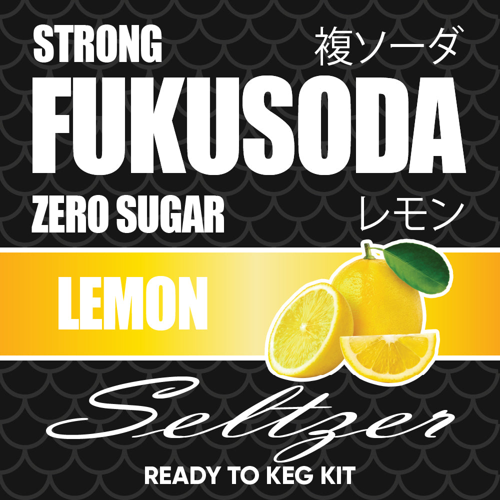 Fukusoda lemon seltzer product packaging with lemons and text on a black background