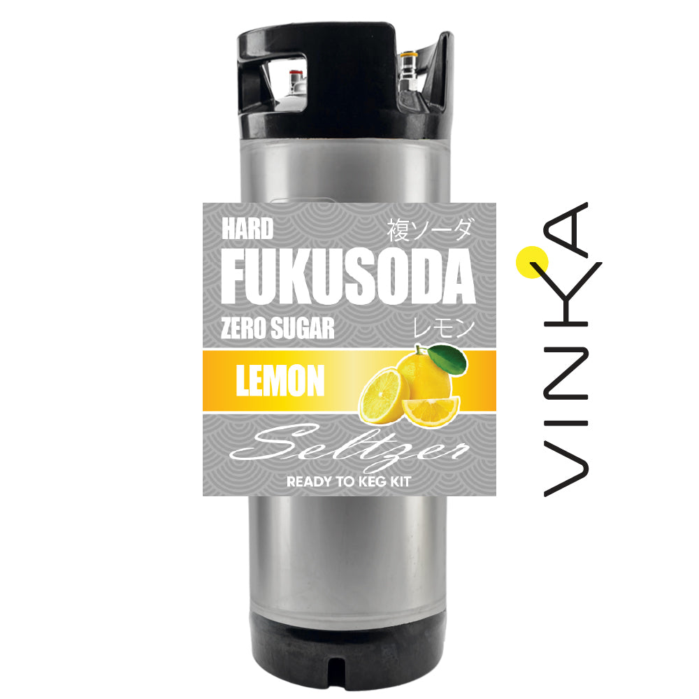 Fukusoda lemon seltzer ready-to-keg kit with Vinka branding on a white background