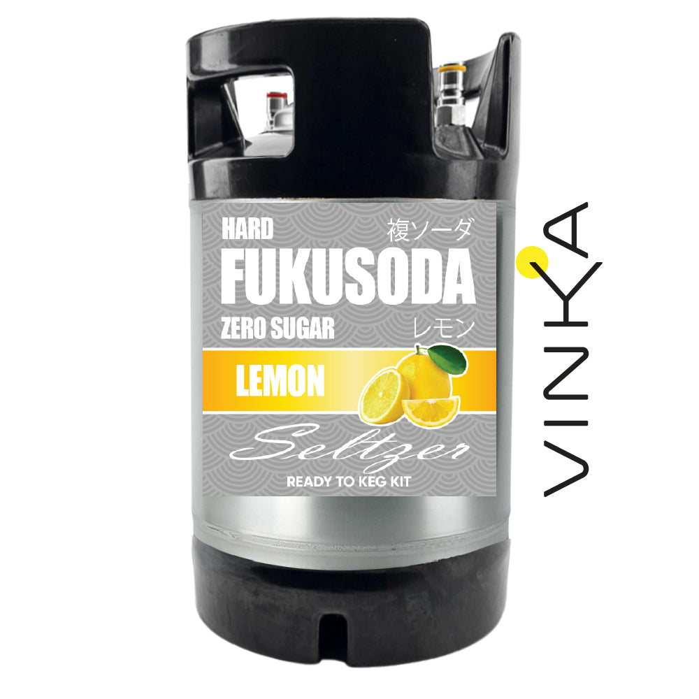 Fukusoda lemon seltzer keg kit with Vinka branding on a white background