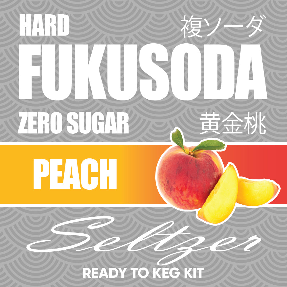 Fukusoda Peach Seltzer product packaging with text and a peach illustration on a gray background.