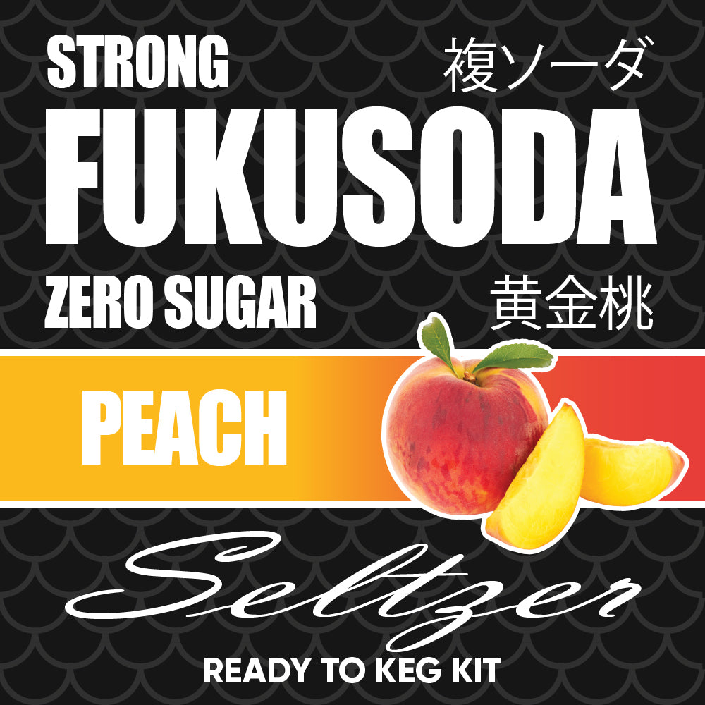 Fukusoda Peach Seltzer product packaging with peach illustration and text on a black background