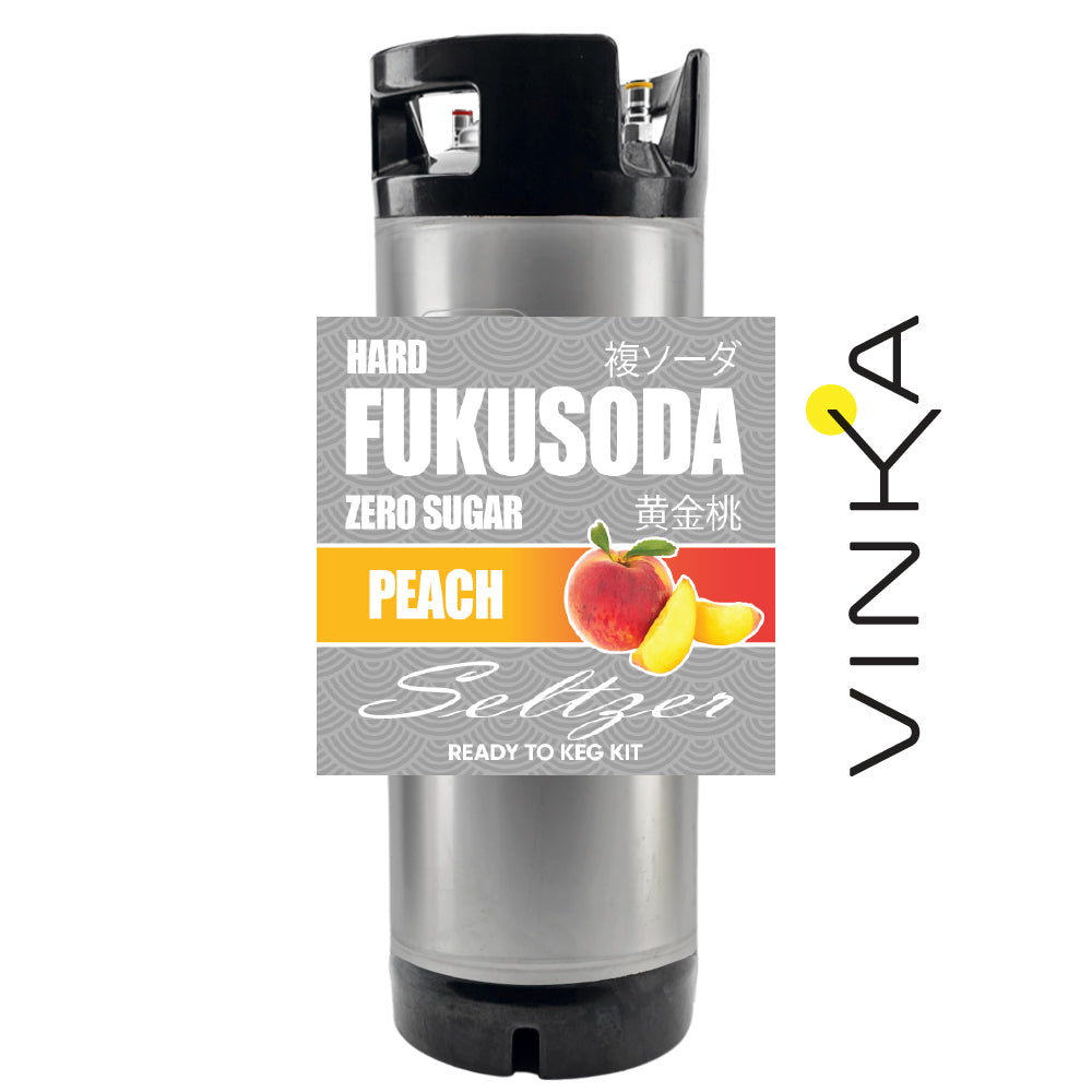 Fukusoda zero sugar peach seltzer ready to keg kit with Vinka branding on a white background